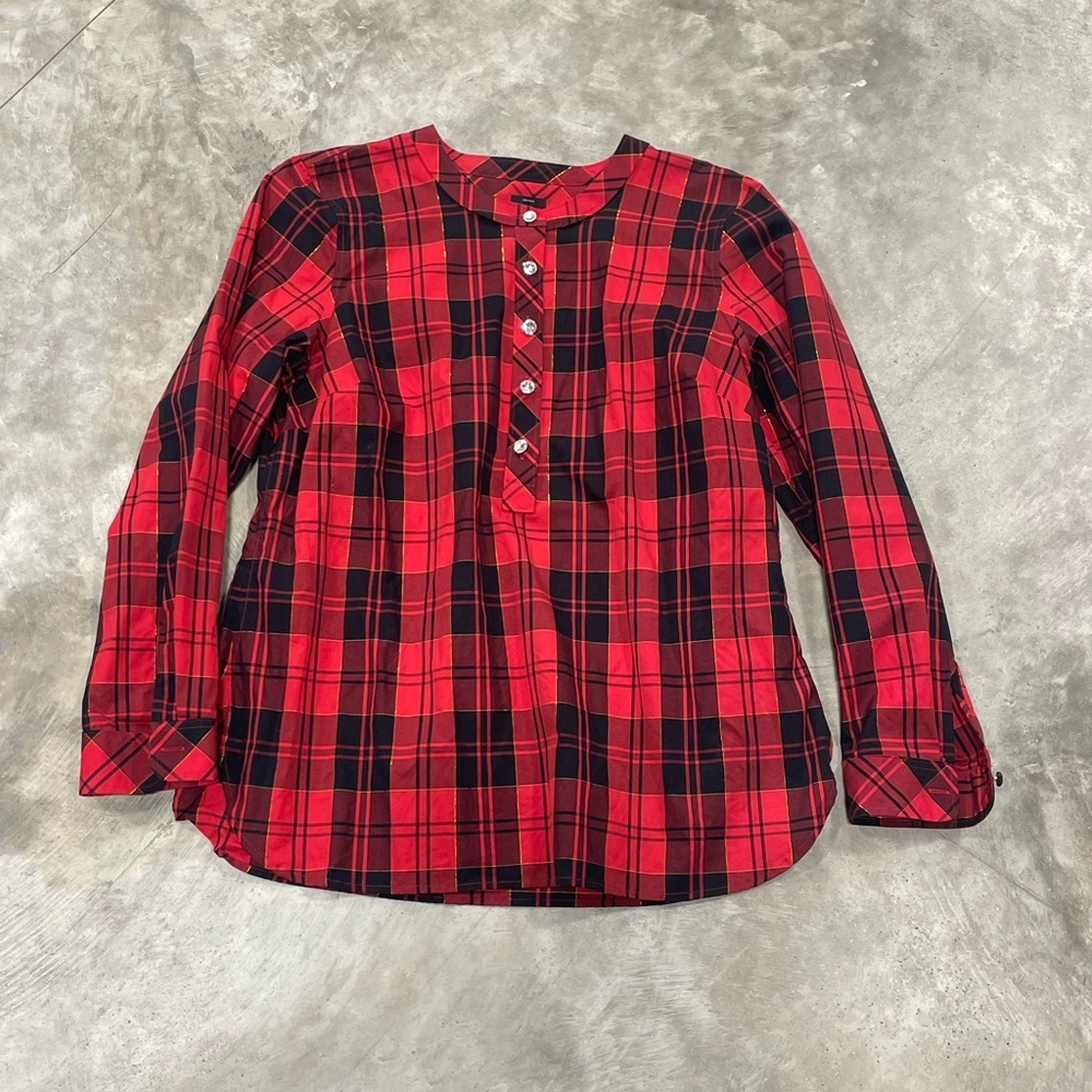 Talbots womens black red tartan holiday print blouse top size Large